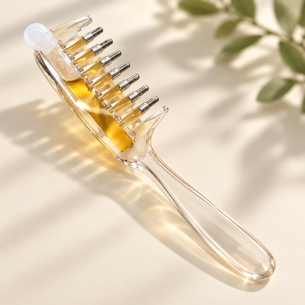 Daynivo Flow Comb with a clear refillable oil reservoir and rounded metal applicator tips