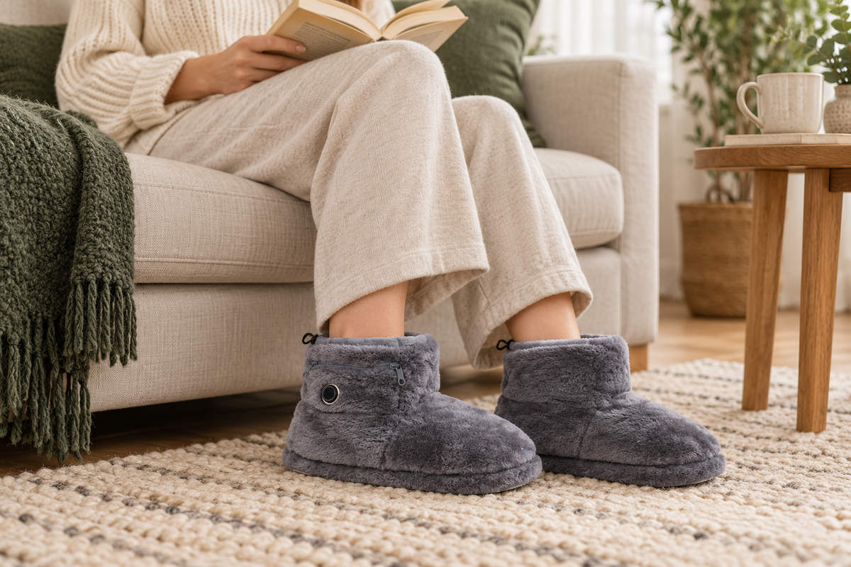 HeatStep grey plush boots during a quiet moment at home — AI lifestyle illustration